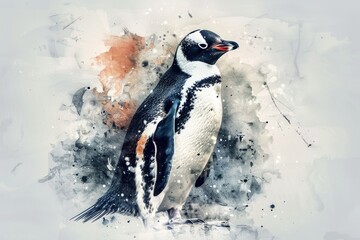 Aufkleber - A watercolor painting of a penguin sitting on a white background, with soft brushstrokes and gentle colors