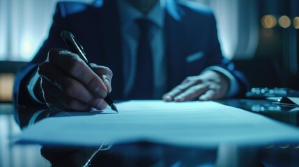 Poster - A person sitting at a desk or table, holding a pen and writing on a piece of paper
