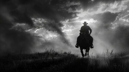 Aufkleber - A man rides on the back of a horse in an open green field, with no obstacles or distractions