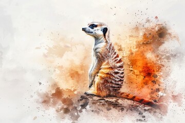 Aufkleber - A watercolor illustration of a meerkat perched on a rock, looking out at the viewer