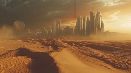 Poster - A sandy dune landscape with a city visible in the distance, providing a sense of scale and perspective