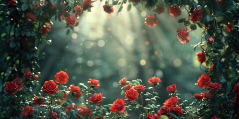 Poster - Freshly bloomed red roses in a lush green garden setting