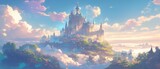 A castle is shown in the sky with clouds and trees. Anime background