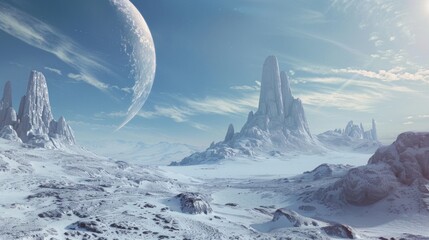 Poster - A distant planet on an alien landscape with barren terrain and rocky formations
