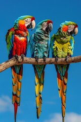 Aufkleber - Three vibrant parrots perched on a branch against a clear blue sky