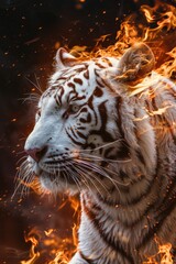 Poster - A close-up shot of a white tiger surrounded by flames
