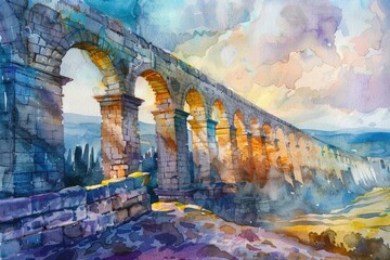 Poster - A beautiful watercolor illustration of an arched bridge, perfect for use in travel or architecture-themed projects