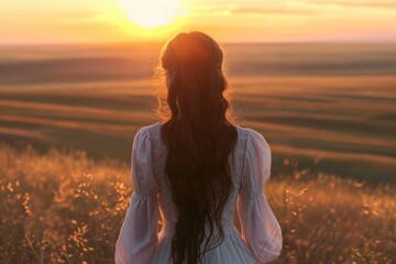 Poster - A woman stands in a field during sunset with the warm orange glow of the sky behind her