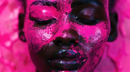 Poster - Portrait of a woman with pink facial paint, suitable for use in beauty or creative projects