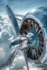 Poster - High-angle view of an aircraft's propeller with its blades in motion, ideal for use in aviation-related contexts such as flight manuals or promotional materials