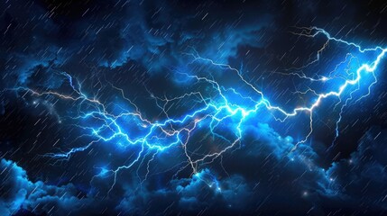 Aufkleber - A powerful lightning bolt striking through a cloudy sky, with cumulus clouds and blue sky in the background