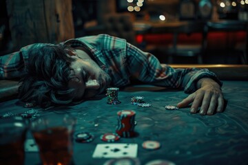 Poster - A person lying down on a table surrounded by poker chips, possibly taking a break or reflecting on the game