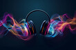 © mankjon - Sleek Black Headphones with Vibrant Colorful Waves on a Dark Background, Modern Audio Technology Concept, Dynamic Sound Waves