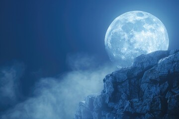 Poster - A full moon rises above a rugged rocky cliff, providing a bright glow in the dark night sky