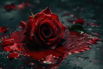 Poster - A single red rose sits on the surface of a small puddle of water, with ripples and reflections visible