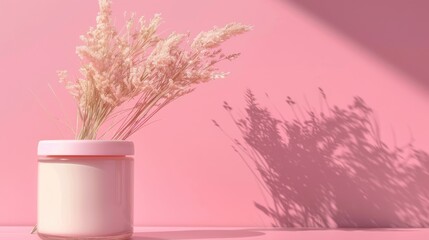 Poster - Cosmetic jars on pink background with bath and body care concept