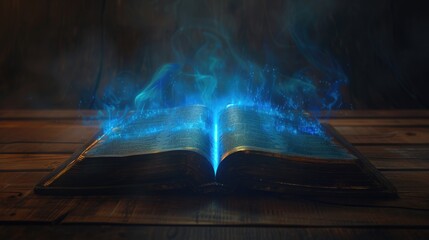 Poster - An open book with blue flames emerging from the pages, ideal for illustrations related to knowledge, inspiration, or mystical themes