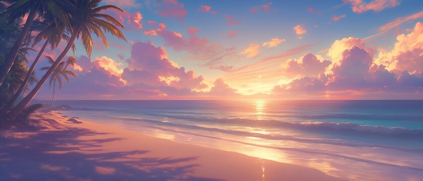 A beautiful beach scene with a sunset in the background. Anime background