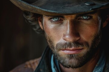 Poster - A close-up view of a man's face with a cowboy hat, great for use in western-themed designs and illustrations