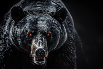 Wall Mural - A large black bear walks in the dark, its bright red eyes visible