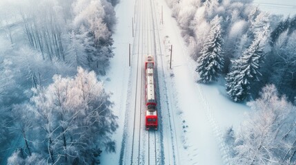 Poster - A red train travels through a snowy forest with dense trees and a blanket of white snow
