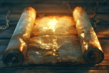 Poster - A vintage-style scroll lying on a wooden table, perfect for ancient history or medieval-themed projects