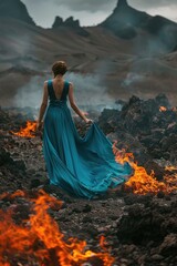 Aufkleber - A woman wearing a blue dress stands amidst a barren, volcanic landscape