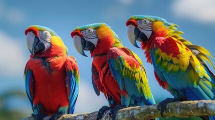 Poster - Three vibrant parrots resting on a tree branch
