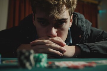 Poster - A person playing poker, surrounded by chips and cards