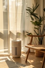 Poster - A small air purifier sits next to a chair on a wooden floor, perfect for use in a home office or living space