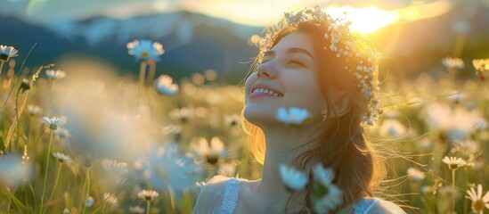 Wall Mural - A woman wearing a flower crown is standing in a field of flowers. She is smiling and she is enjoying the beautiful scenery