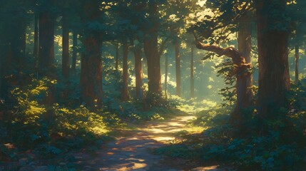 Wall Mural - A forest path with trees in the background. Anime background