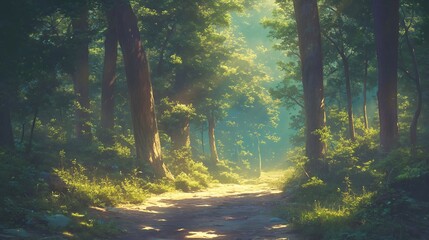 Wall Mural - A forest path with trees in the background. Anime background