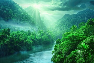 Poster - A serene and peaceful scene of a river flowing through a dense and vibrant forest, with trees and foliage surrounding the waterway