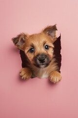 Poster - A small dog looks out from a hole in a pink wall, great for use on children's products, websites, or social media