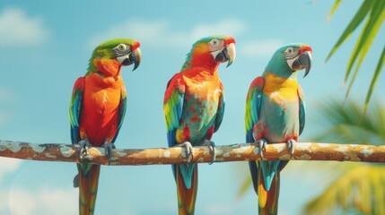 Poster - Three colorful parrots perched on a tree branch, bright and cheerful