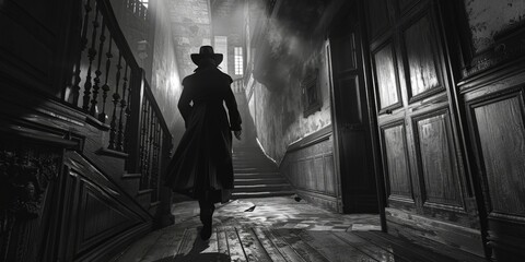 Poster - A person in a long coat walks down the stairs, likely heading somewhere