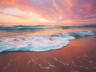 A serene beach at sunset, the sky painted with hues of orange and pink, gentle waves lapping at the shore