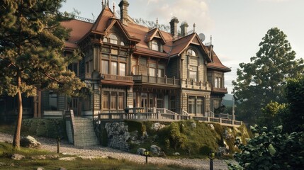 Aufkleber - A large wooden house sits atop a lush green hillside, surrounded by nature