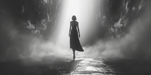 Aufkleber - A woman in a long dress stands in the center of a tunnel, looking ahead