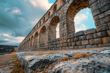 Poster - A stone wall with arches and a clear blue sky in the background