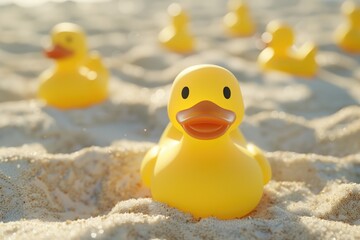 Poster - A group of rubber ducks sitting on the sand, often used for decorative or playful purposes