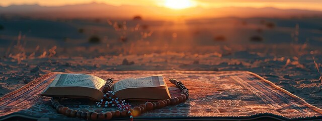 Wall Mural - Photo of a prayer mat with an open Quran and rosary on top, in a front view, during sunset. AI generated illustration