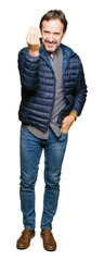 Poster - Middle age handsome man wearing winter coat Doing Italian gesture with hand and fingers confident expression