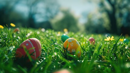 Wall Mural - Easter symbols on grassy field