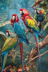 Poster - A group of vibrant parrots sitting on a branch, ready to take flight