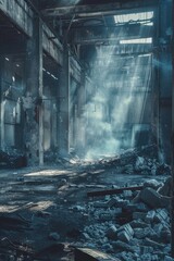 Aufkleber - A close-up shot of an abandoned building covered in debris and rubble, suitable for use in scenes where destruction or chaos is depicted