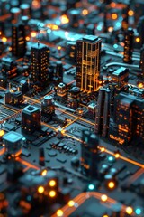 Wall Mural - A nighttime view of a city with buildings and lights illuminated