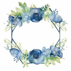 Wall Mural - Watercolor floral geometric shape frame with blue flowers and green leaves on white background. Wedding invitation and springtime concept. Design for greeting card, and botanical print. AIG35.