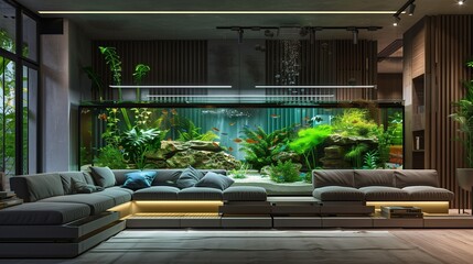 A contemporary living room with a large fish tank as the centerpiece, a modular couch, and a smart lighting system